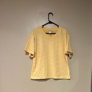 VGT French Navy Made In USA Size Large Yellow Floral Embroidered Short Sleeve